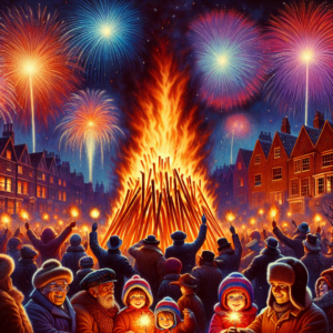 Bonfire, fireworks or Guy Fawkes night with crowds around the bonfire and fireworks going off in the background