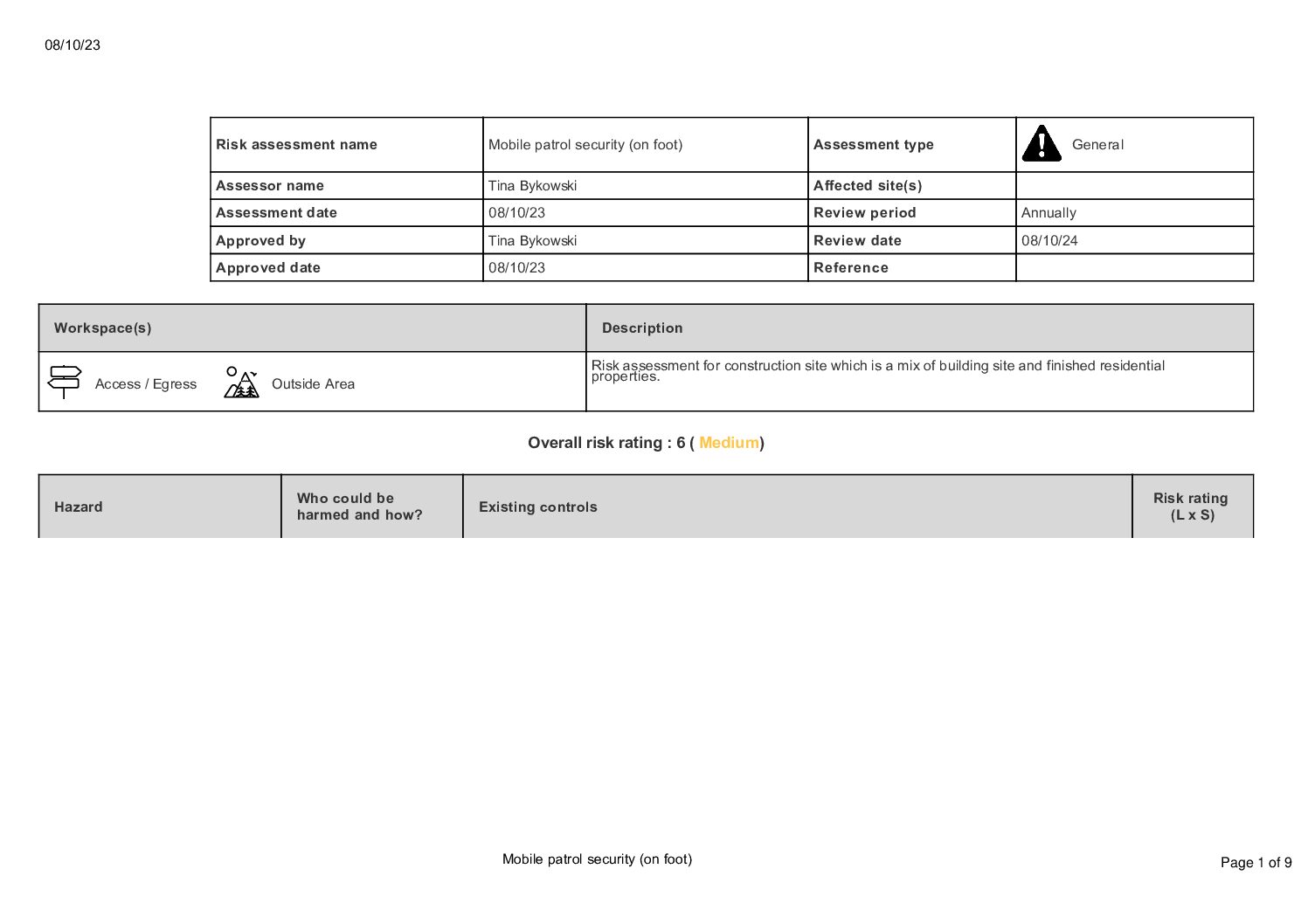 Example Risk Assessment