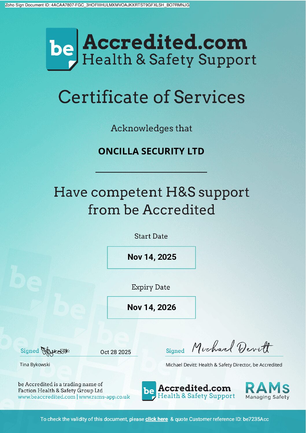 Certificate of Services