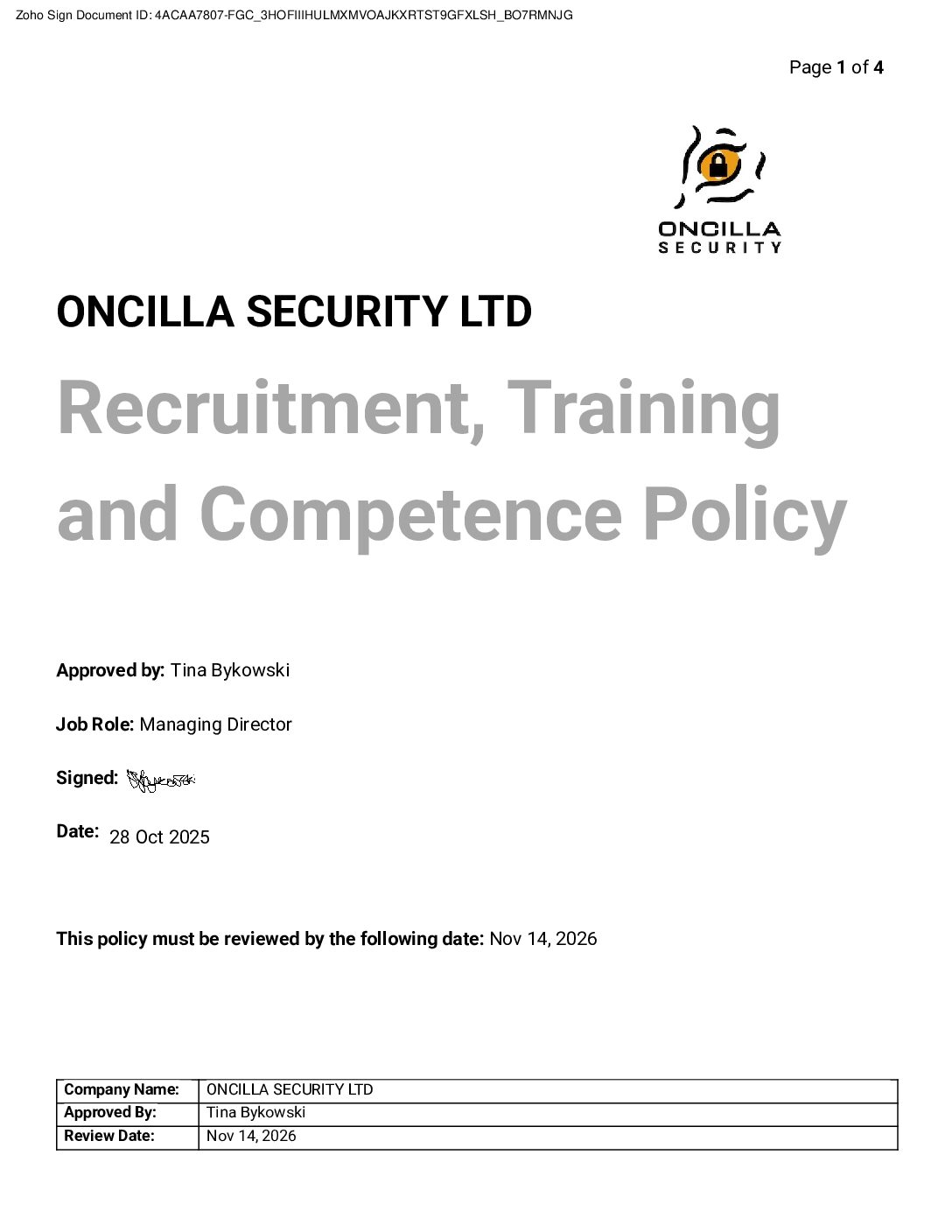 Recruitment, Training and Competence Policy