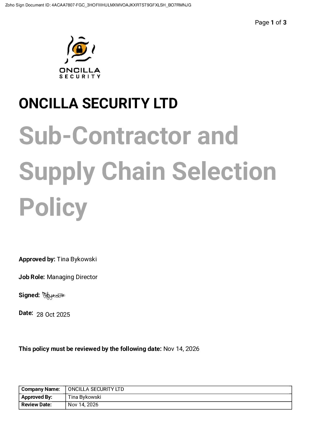 Sub-Contractor Control Policy