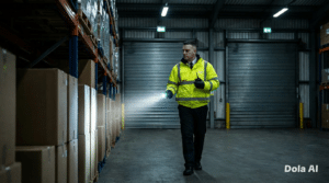 warehouse security guard patrolling at night